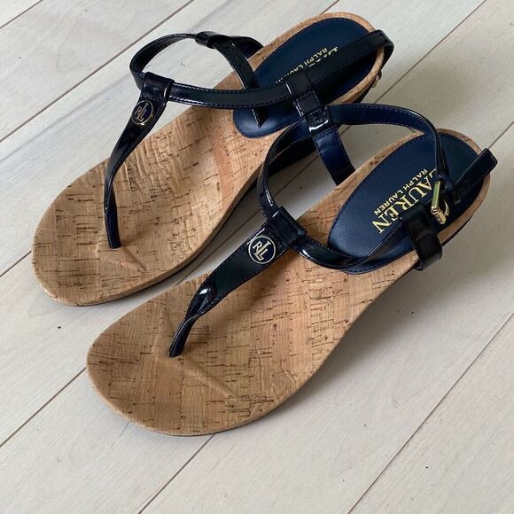 Lauren Ralph Lauren Reeta Buckle T-Strap Cork Wedge Sandals Black Tan Size 9.5B - Picture 1 of 5